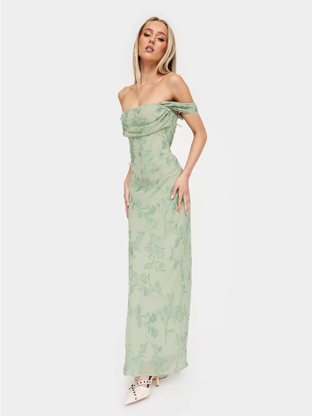Princess Polly Sage Green Off-Shoulder Floral Maxi Dress